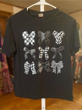 Black Short Sleeve Tee with Checkered Bows Graphic